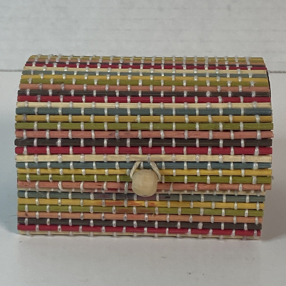 Woven Wicker Bamboo Wooden Multicolored Small Trinket Box Doll House Chest
